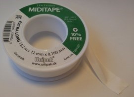 Teflontape, tätning för plast- och metallgängor, 12x0,1mm längd 13.2meter, Miditape