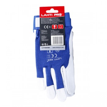 Handskar, äkta getskinn och bomull, blå-vita, st.  10, CE, EN 420, Lahti Pro L2706