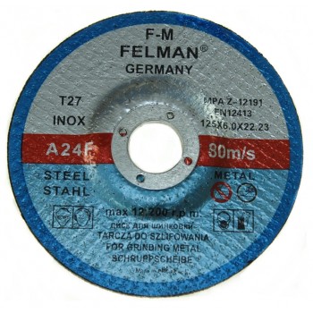 Slipskiva 20st för metall 125x6x22 kornst. 80 A24F T27, Felman