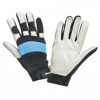 Handskar av äkta grisskinn, svart-blå-vita, ventilerade, spandex, mikrofiber, CE, EN 420, Lahti Pro L2804