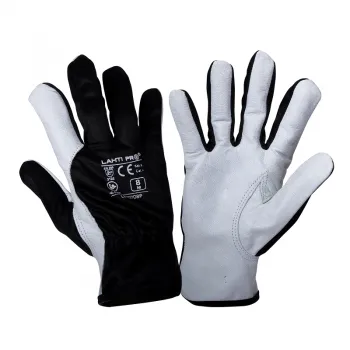 Handskar, äkta getskinn, bomull, spandex, st. 9, svart-vita, XL, CE, EN 420, EN 388, skyddskat. 2, Lahti L2707